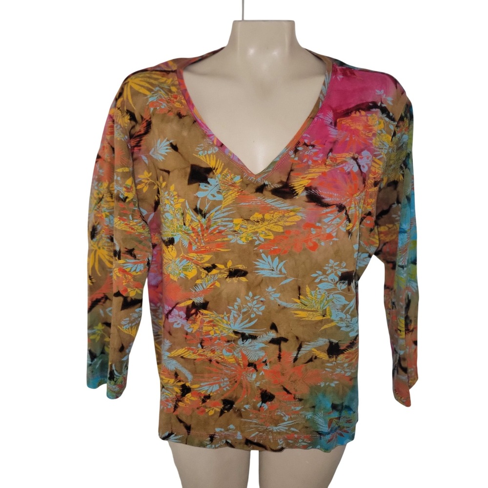 CHICOS XL Long Sleeve V Neck Tropical Floral Print Cotton Top Blouse art to wear
